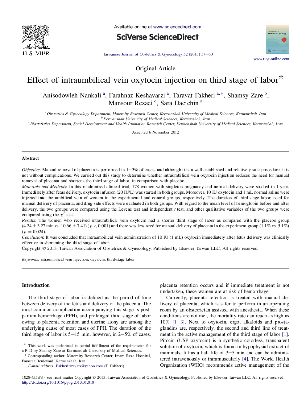 Effect of intraumbilical vein oxytocin injection on third stage of labor 