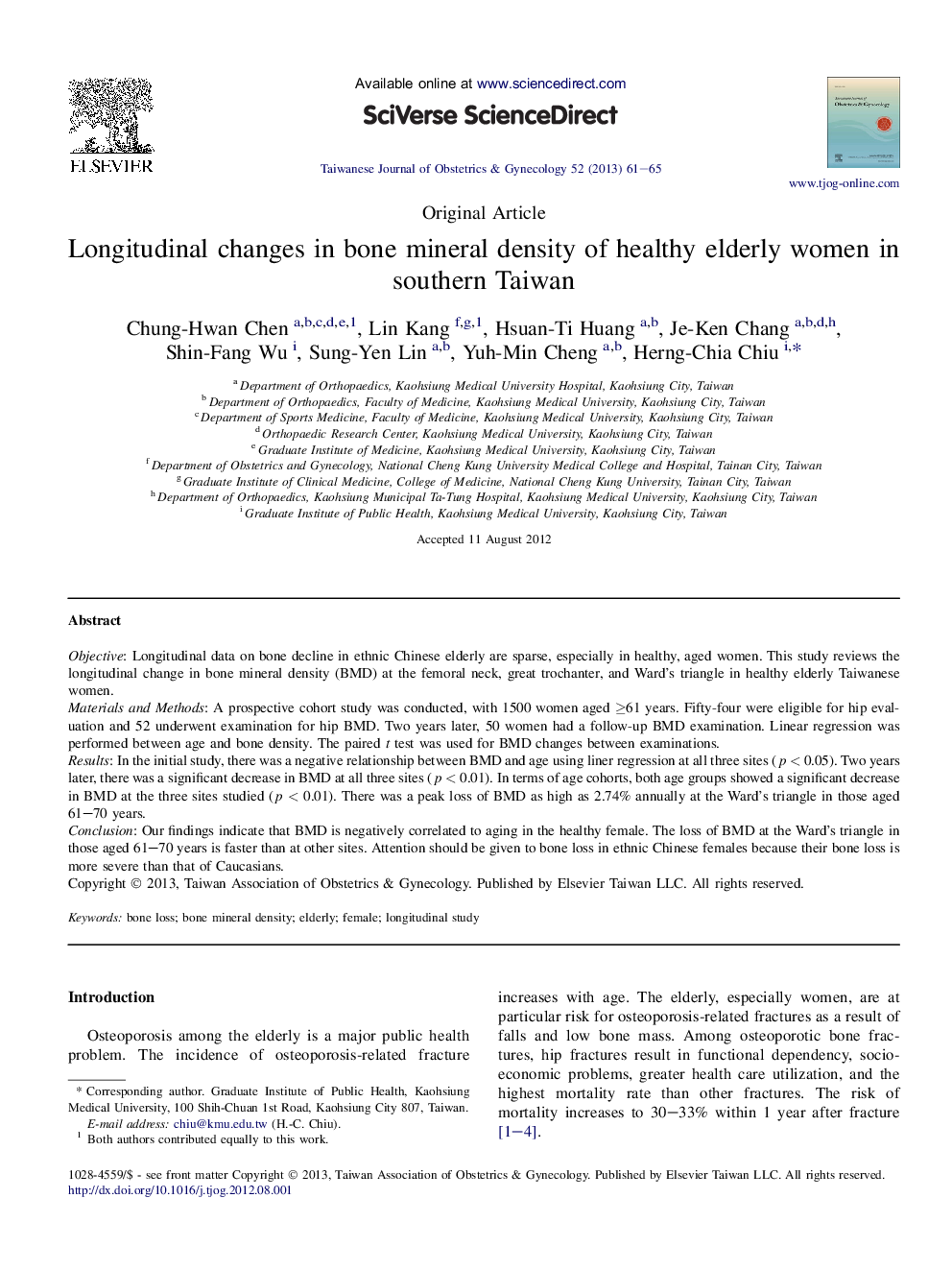 Longitudinal changes in bone mineral density of healthy elderly women in southern Taiwan