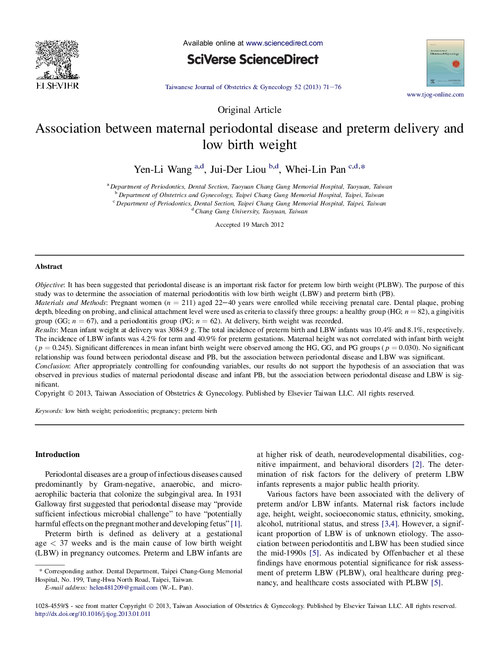 Association between maternal periodontal disease and preterm delivery and low birth weight