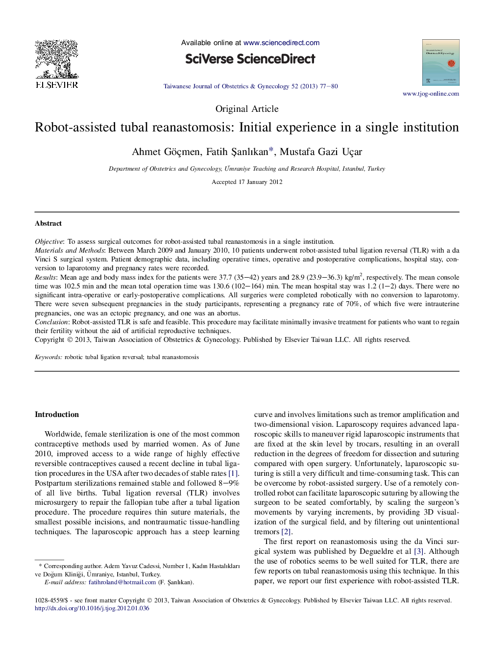 Robot-assisted tubal reanastomosis: Initial experience in a single institution