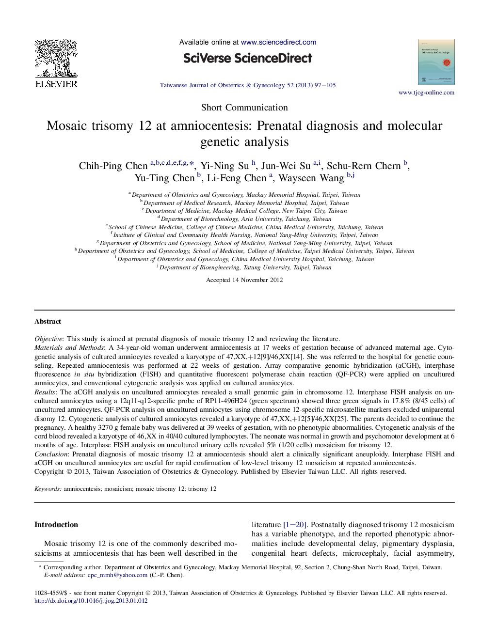 Mosaic trisomy 12 at amniocentesis: Prenatal diagnosis and molecular genetic analysis