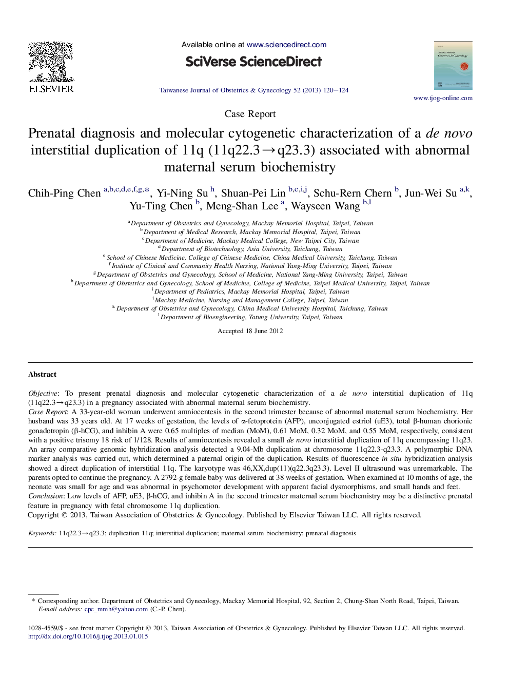 Prenatal diagnosis and molecular cytogenetic characterization of a de novo interstitial duplication of 11q (11q22.3→q23.3) associated with abnormal maternal serum biochemistry