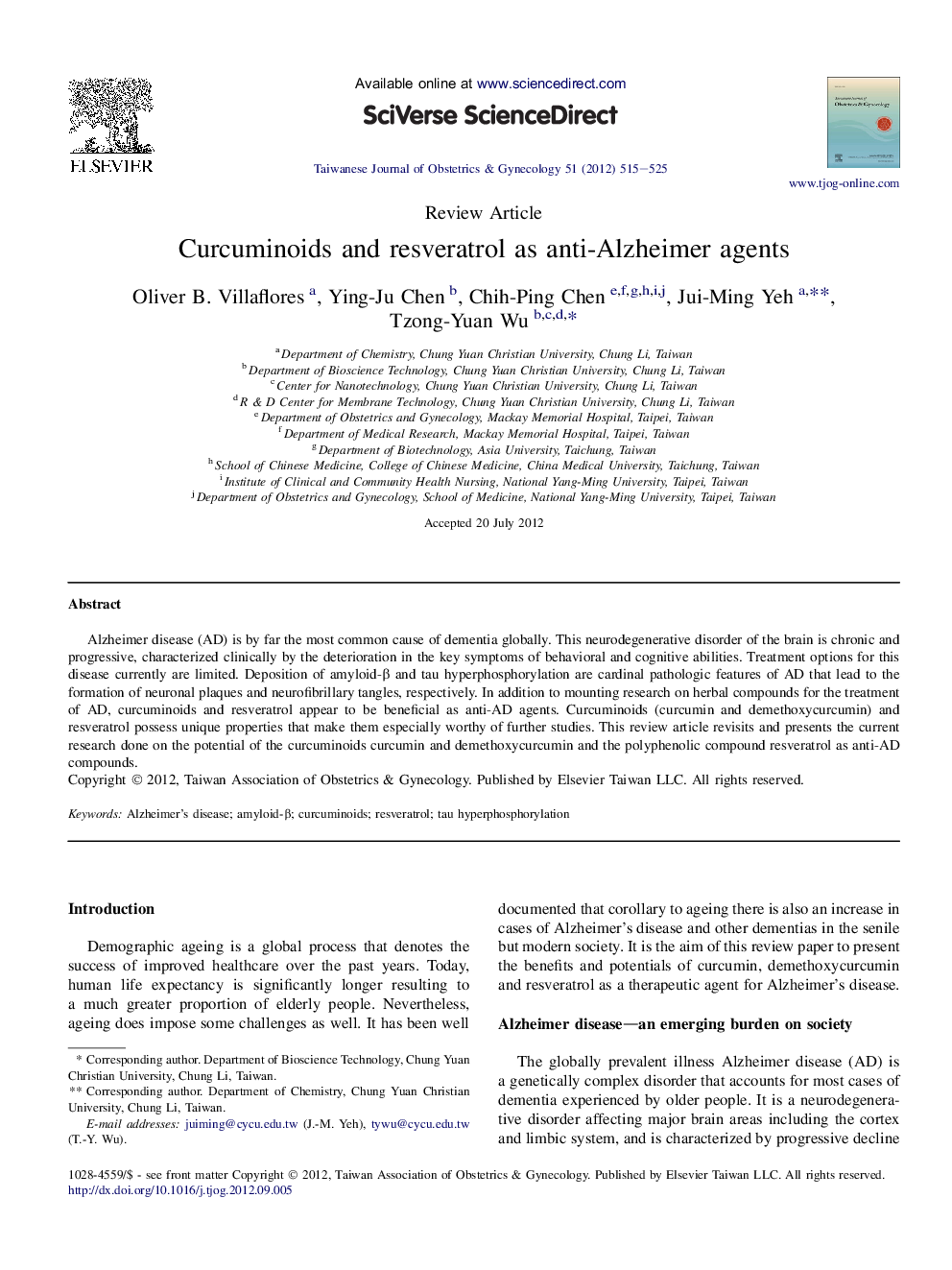 Curcuminoids and resveratrol as anti-Alzheimer agents