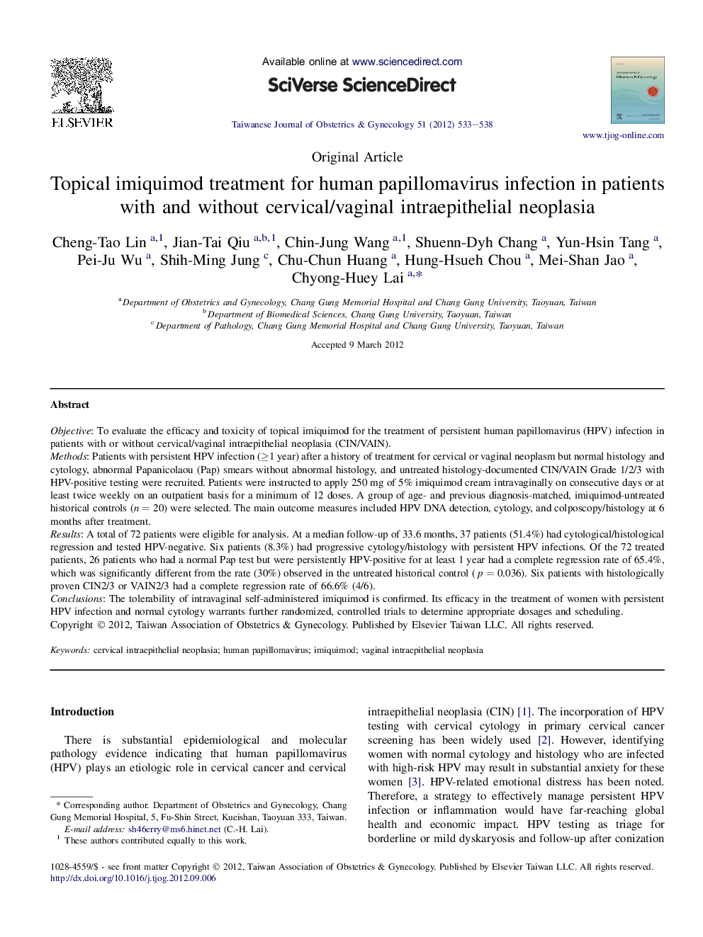 Topical imiquimod treatment for human papillomavirus infection in patients with and without cervical/vaginal intraepithelial neoplasia