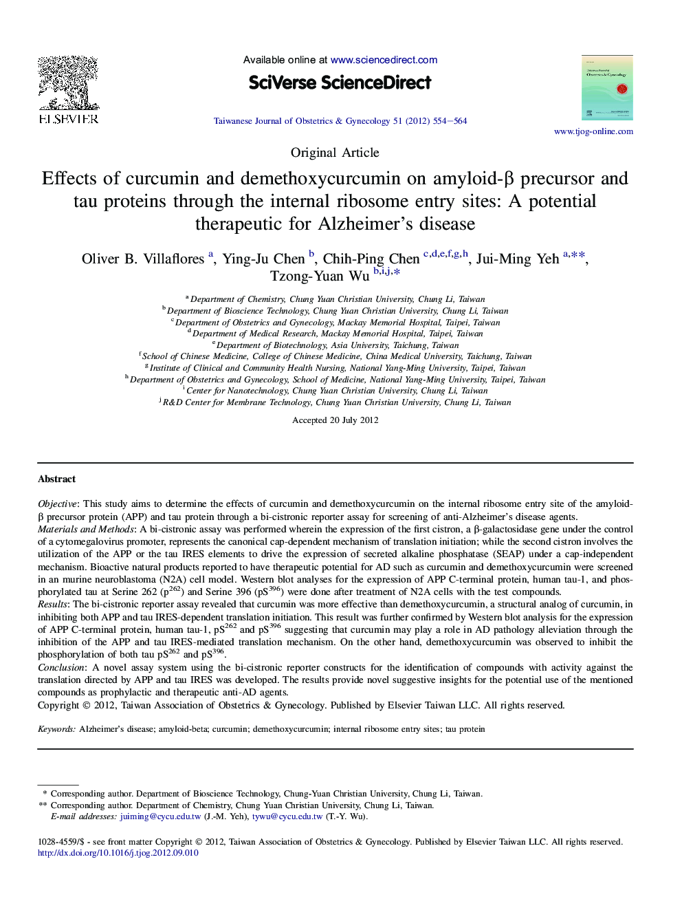 Effects of curcumin and demethoxycurcumin on amyloid-β precursor and tau proteins through the internal ribosome entry sites: A potential therapeutic for Alzheimer's disease