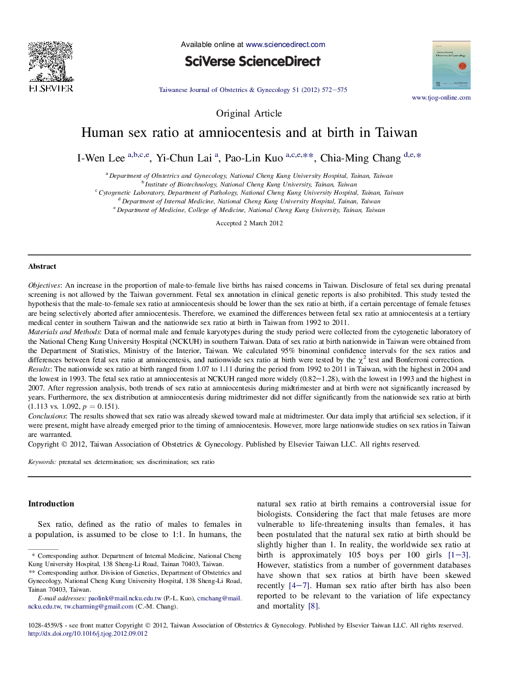 Human sex ratio at amniocentesis and at birth in Taiwan