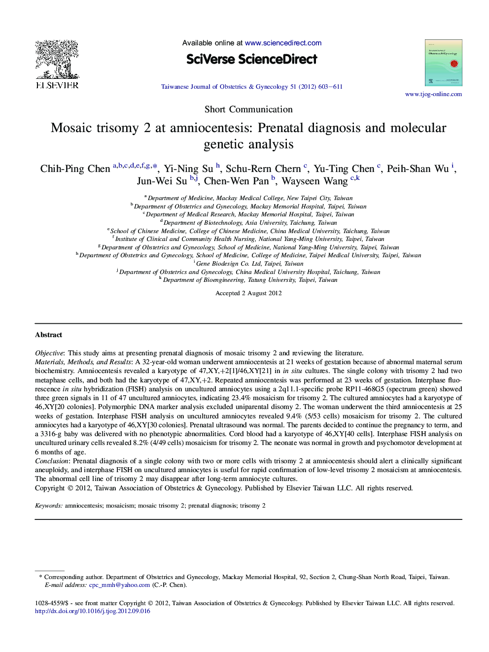 Mosaic trisomy 2 at amniocentesis: Prenatal diagnosis and molecular genetic analysis