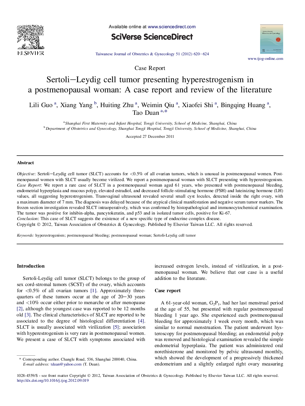 Sertoli–Leydig cell tumor presenting hyperestrogenism in a postmenopausal woman: A case report and review of the literature