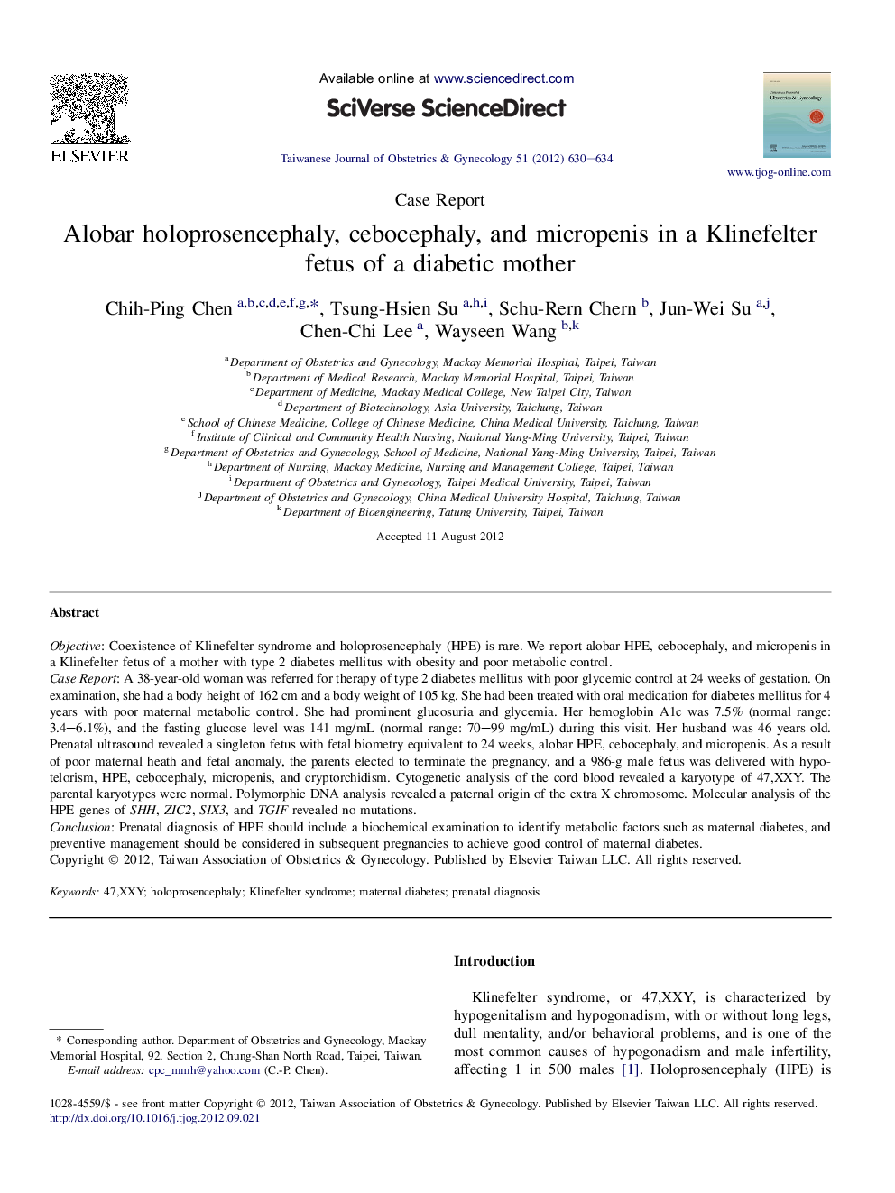 Alobar holoprosencephaly, cebocephaly, and micropenis in a Klinefelter fetus of a diabetic mother