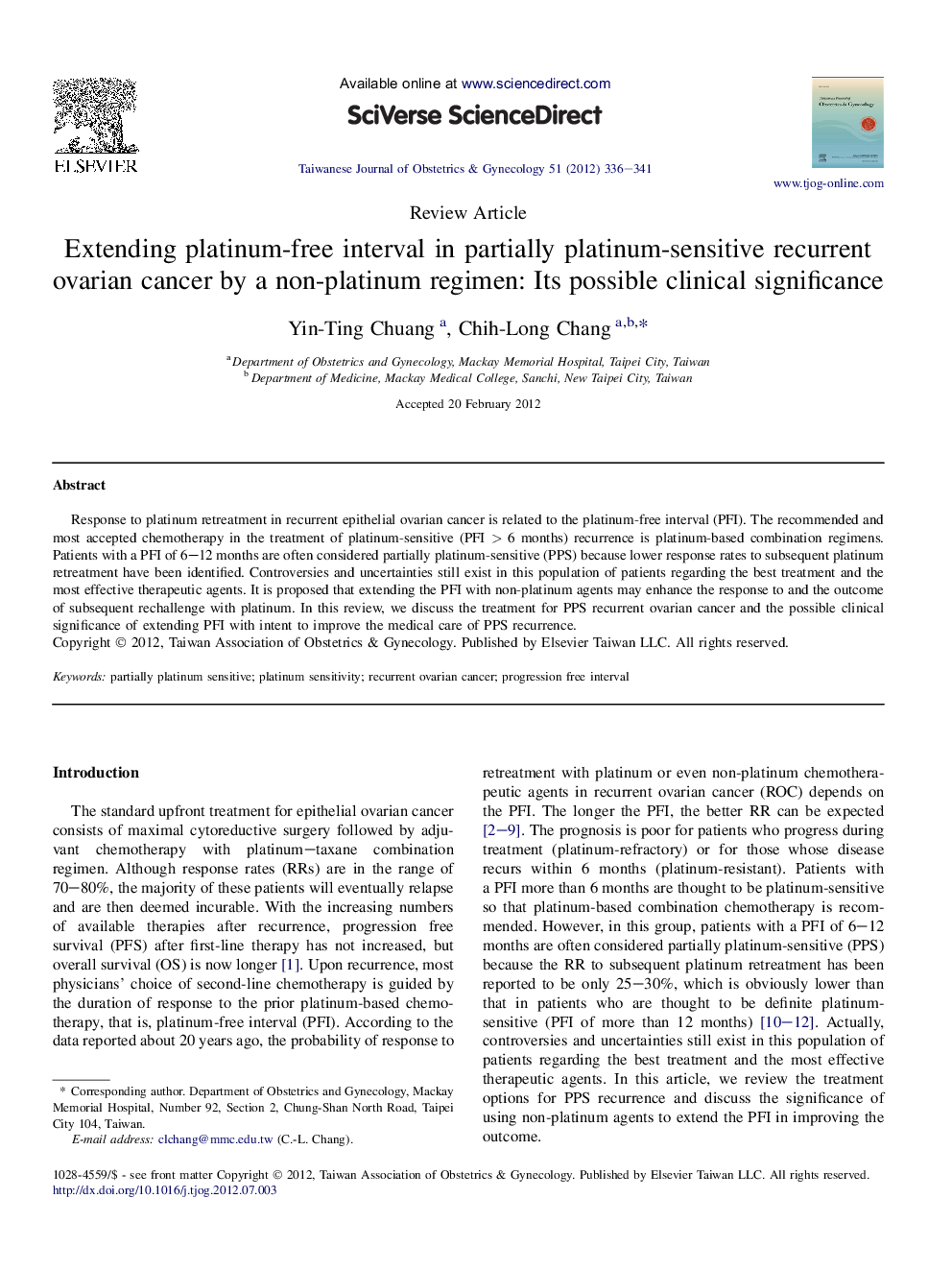 Extending platinum-free interval in partially platinum-sensitive recurrent ovarian cancer by a non-platinum regimen: Its possible clinical significance