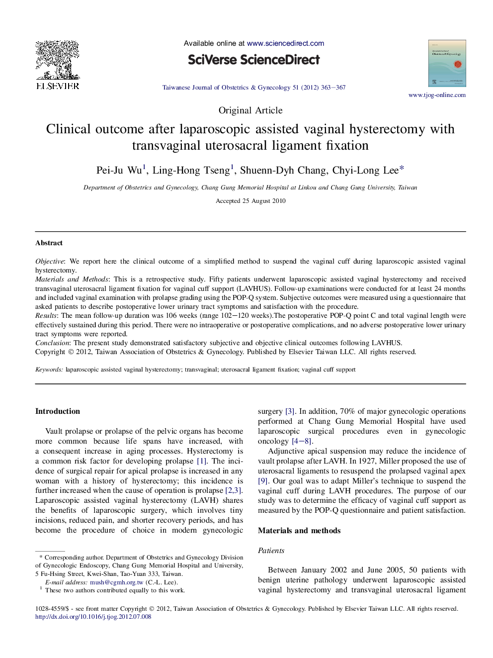 Clinical outcome after laparoscopic assisted vaginal hysterectomy with transvaginal uterosacral ligament fixation