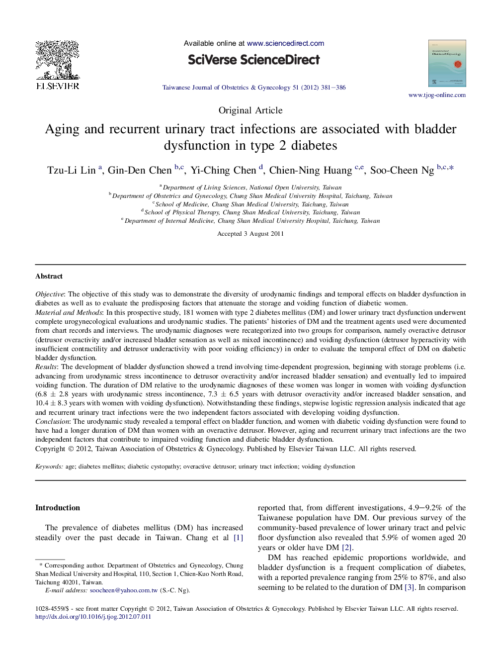 Aging and recurrent urinary tract infections are associated with bladder dysfunction in type 2 diabetes