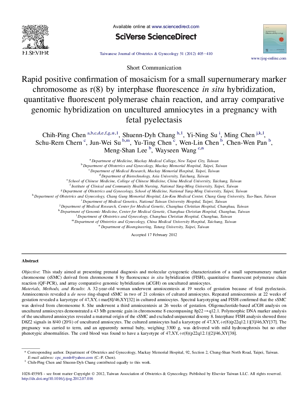 Rapid positive confirmation of mosaicism for a small supernumerary marker chromosome as r(8) by interphase fluorescence in situ hybridization, quantitative fluorescent polymerase chain reaction, and array comparative genomic hybridization on uncultured am