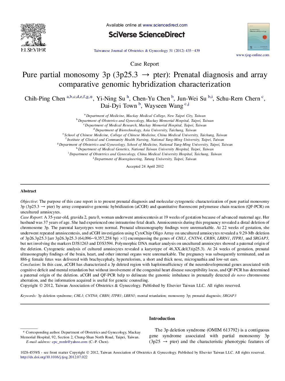 Pure partial monosomy 3p (3p25.3 → pter): Prenatal diagnosis and array comparative genomic hybridization characterization