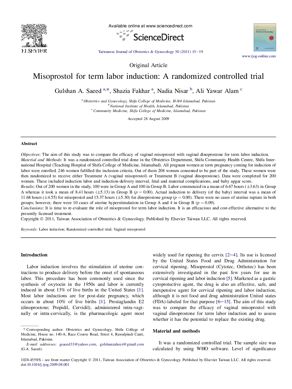 Misoprostol for term labor induction: A randomized controlled trial