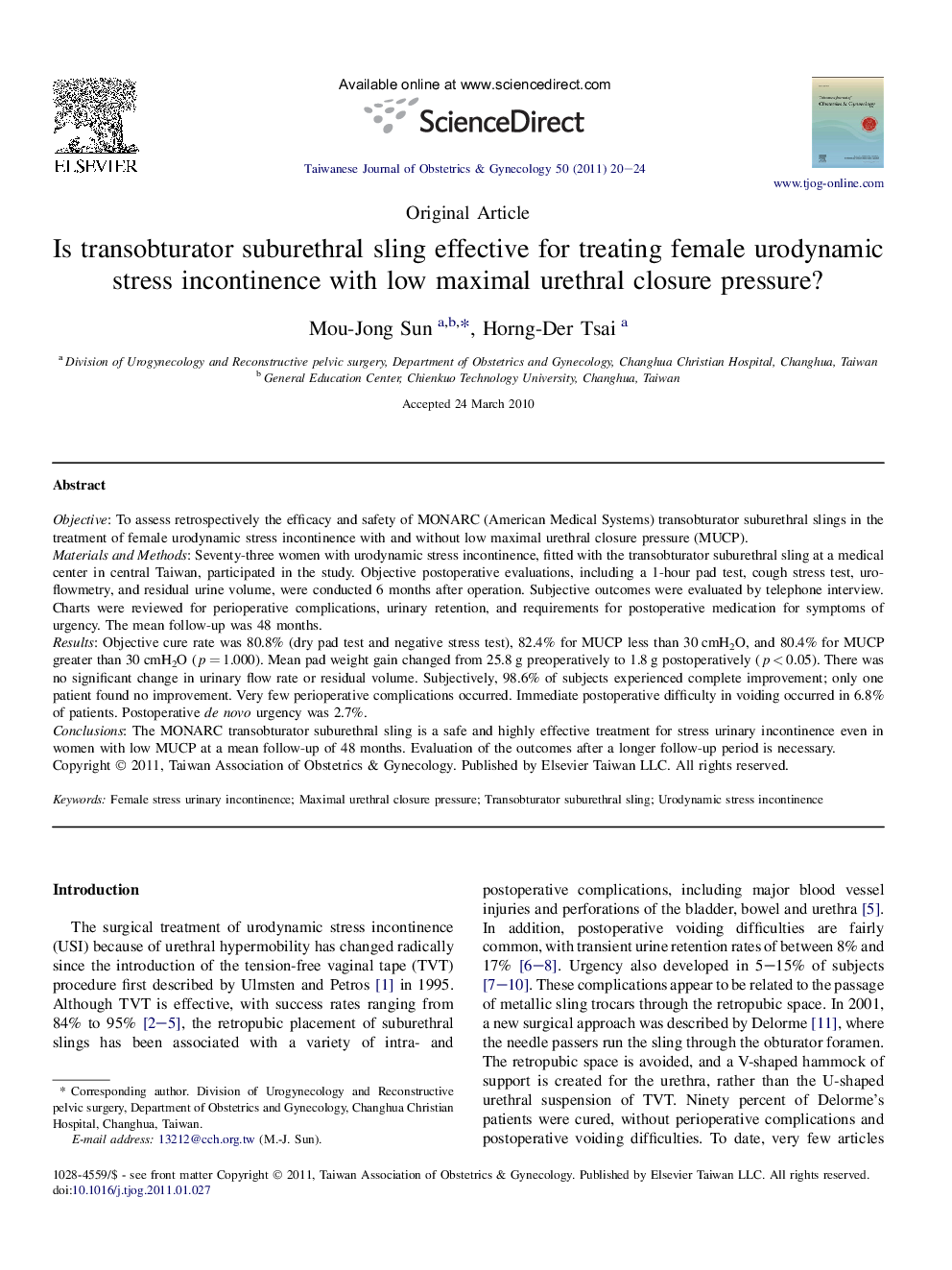 Is transobturator suburethral sling effective for treating female urodynamic stress incontinence with low maximal urethral closure pressure?