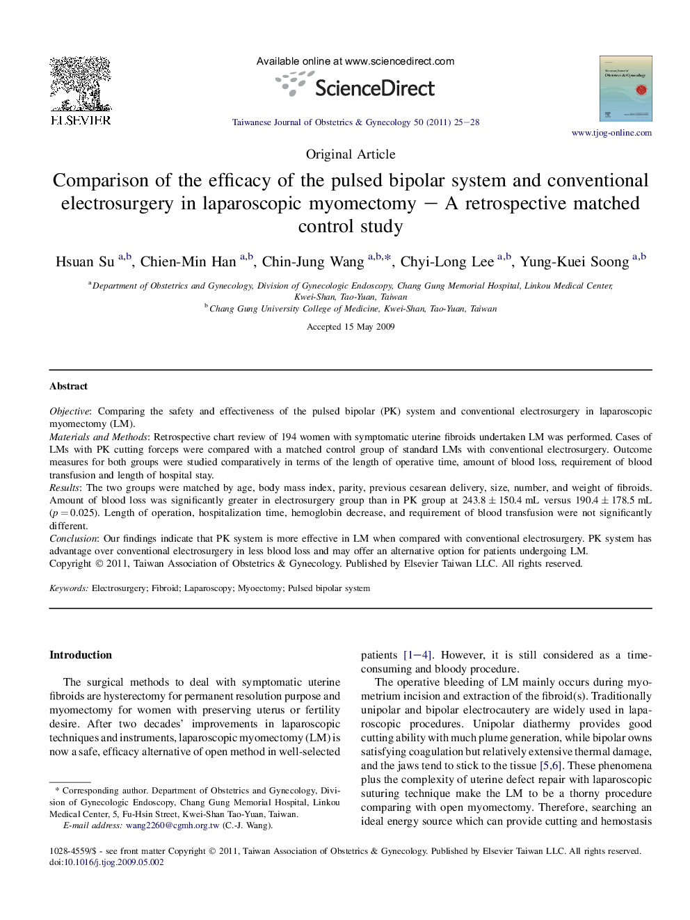 Comparison of the efficacy of the pulsed bipolar system and conventional electrosurgery in laparoscopic myomectomy – A retrospective matched control study