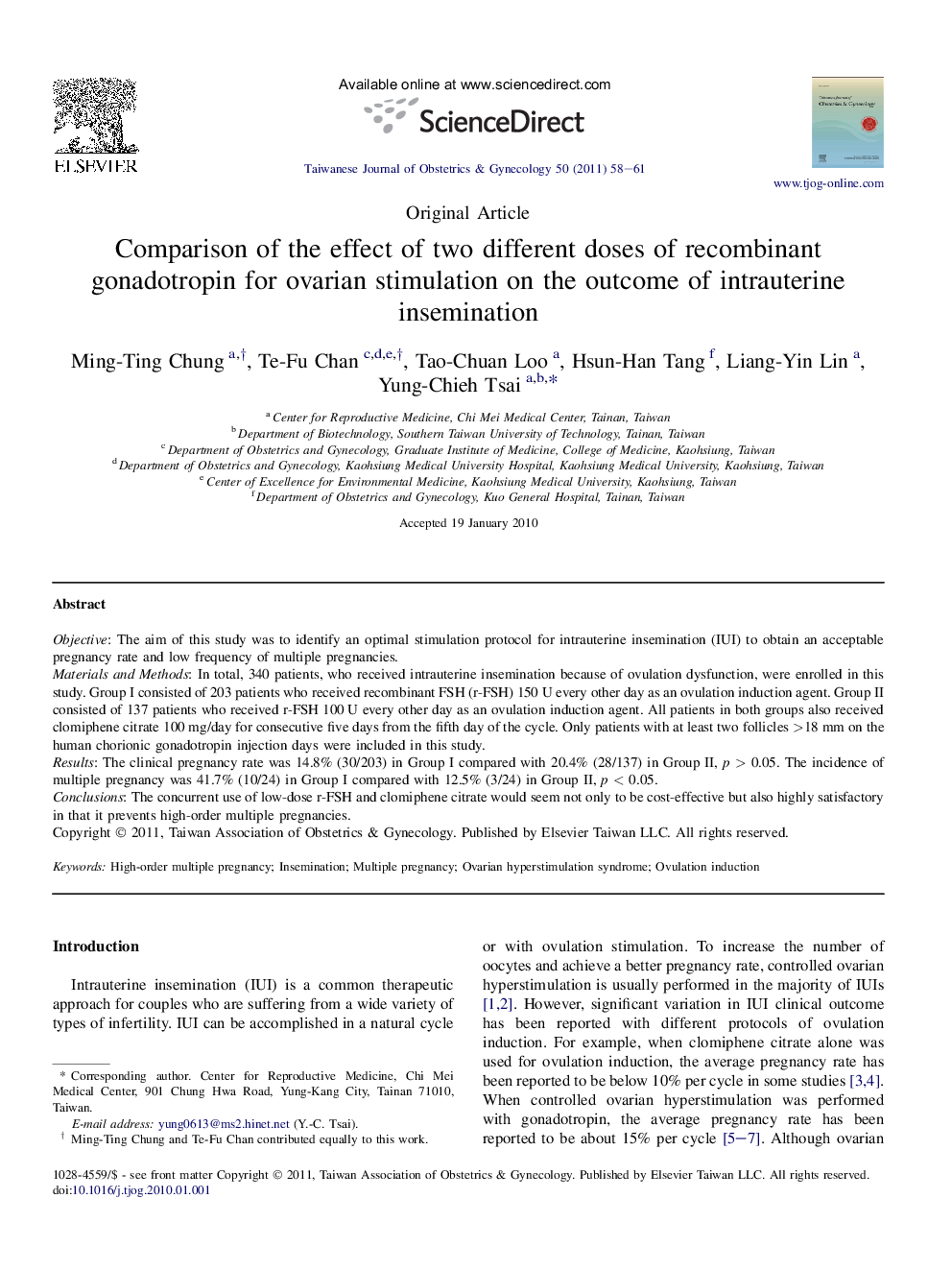 Comparison of the effect of two different doses of recombinant gonadotropin for ovarian stimulation on the outcome of intrauterine insemination