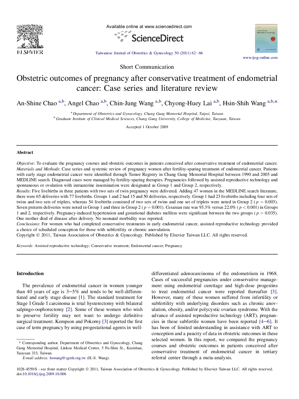 Obstetric outcomes of pregnancy after conservative treatment of endometrial cancer: Case series and literature review