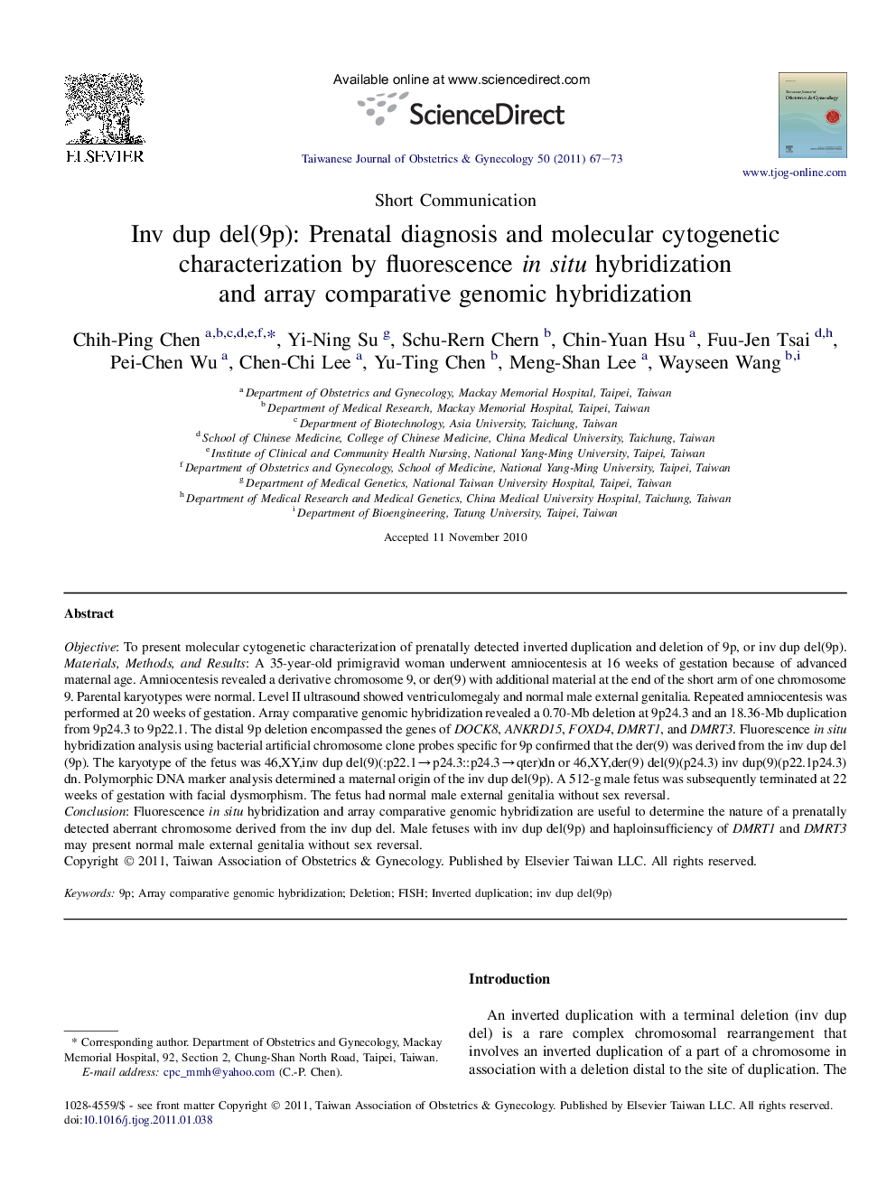 Inv dup del(9p): Prenatal diagnosis and molecular cytogenetic characterization by fluorescence in situ hybridization and array comparative genomic hybridization