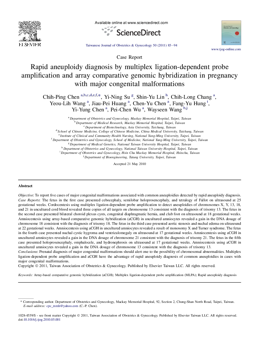 Rapid aneuploidy diagnosis by multiplex ligation-dependent probe amplification and array comparative genomic hybridization in pregnancy with major congenital malformations