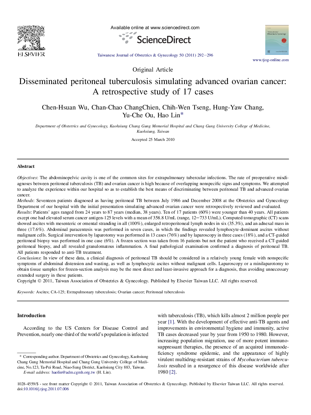 Disseminated peritoneal tuberculosis simulating advanced ovarian cancer: A retrospective study of 17 cases