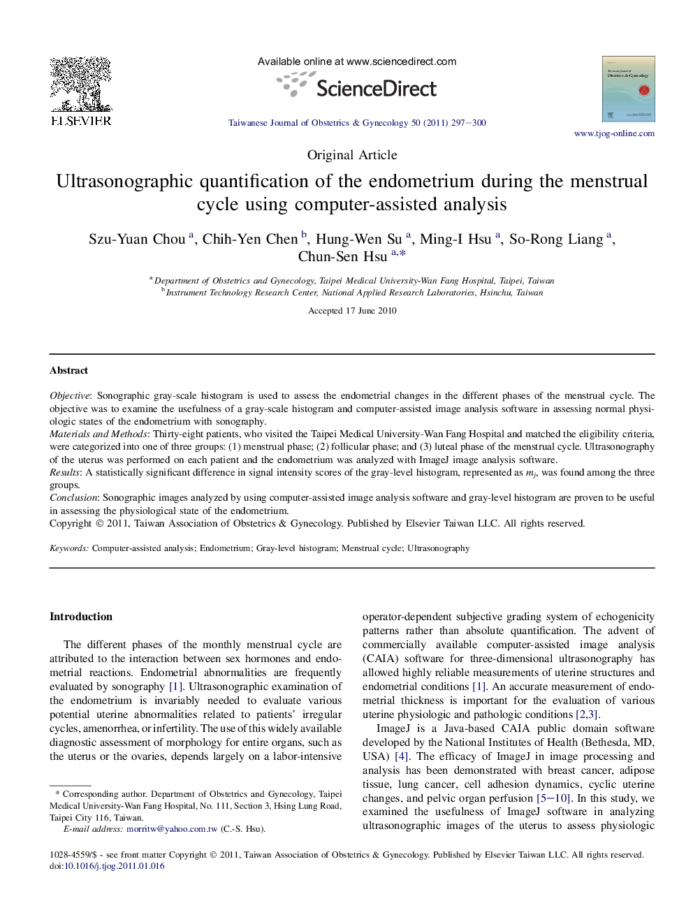 Ultrasonographic quantification of the endometrium during the menstrual cycle using computer-assisted analysis