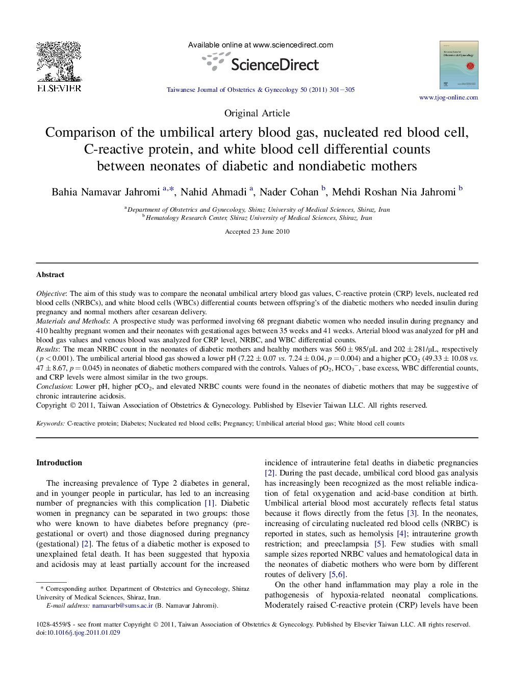 Comparison of the umbilical artery blood gas, nucleated red blood cell, C-reactive protein, and white blood cell differential counts between neonates of diabetic and nondiabetic mothers