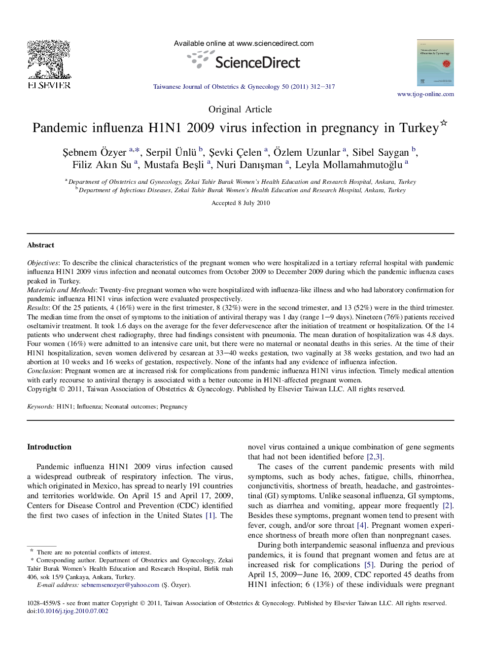 Pandemic influenza H1N1 2009 virus infection in pregnancy in Turkey 