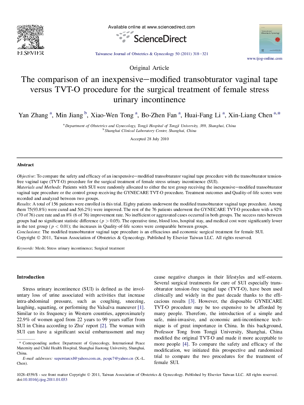 The comparison of an inexpensive–modified transobturator vaginal tape versus TVT-O procedure for the surgical treatment of female stress urinary incontinence