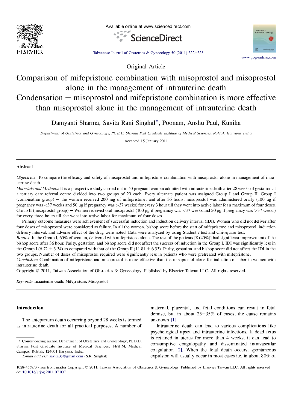 Comparison of mifepristone combination with misoprostol and misoprostol alone in the management of intrauterine death