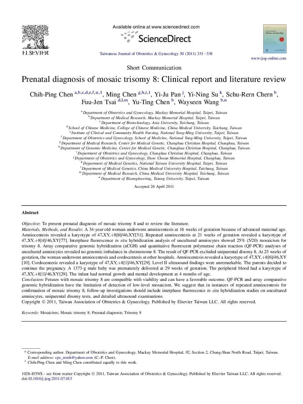 Prenatal diagnosis of mosaic trisomy 8: Clinical report and literature review