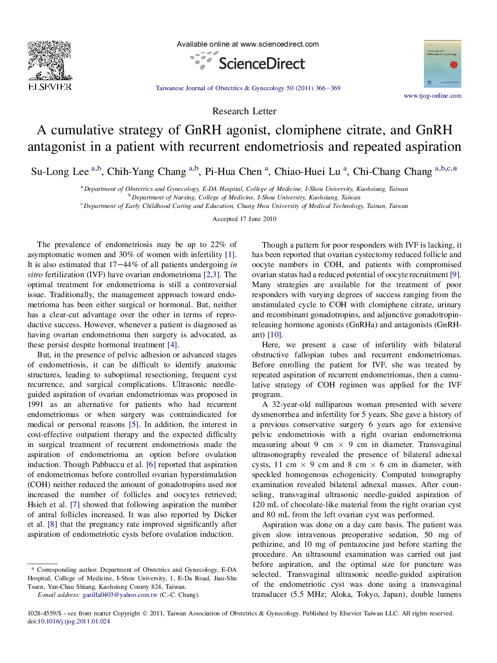 A cumulative strategy of GnRH agonist, clomiphene citrate, and GnRH antagonist in a patient with recurrent endometriosis and repeated aspiration