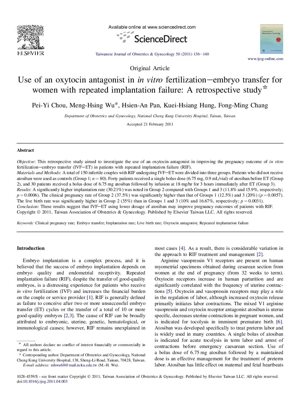 Use of an oxytocin antagonist in in vitro fertilization–embryo transfer for women with repeated implantation failure: A retrospective study 