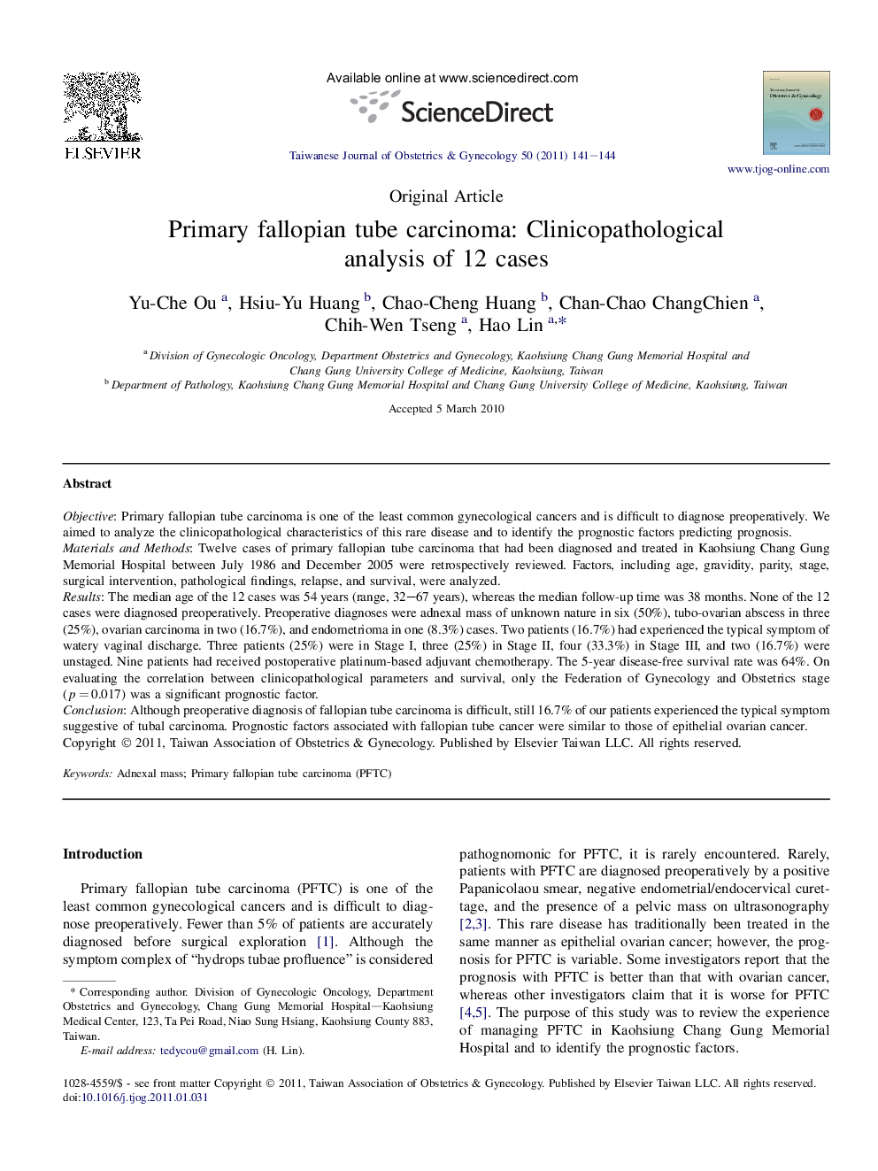 Primary fallopian tube carcinoma: Clinicopathological analysis of 12 cases