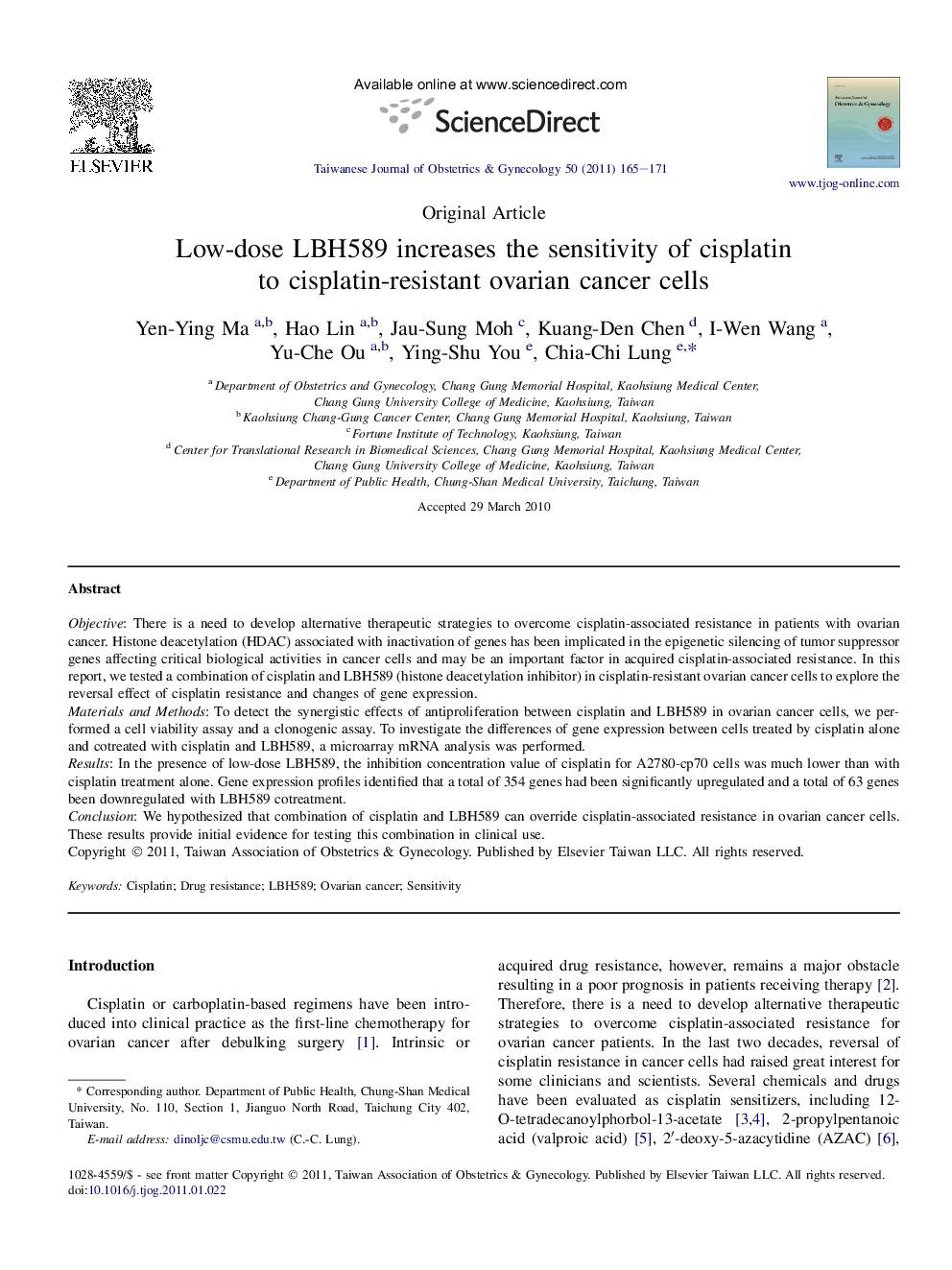 Low-dose LBH589 increases the sensitivity of cisplatin to cisplatin-resistant ovarian cancer cells