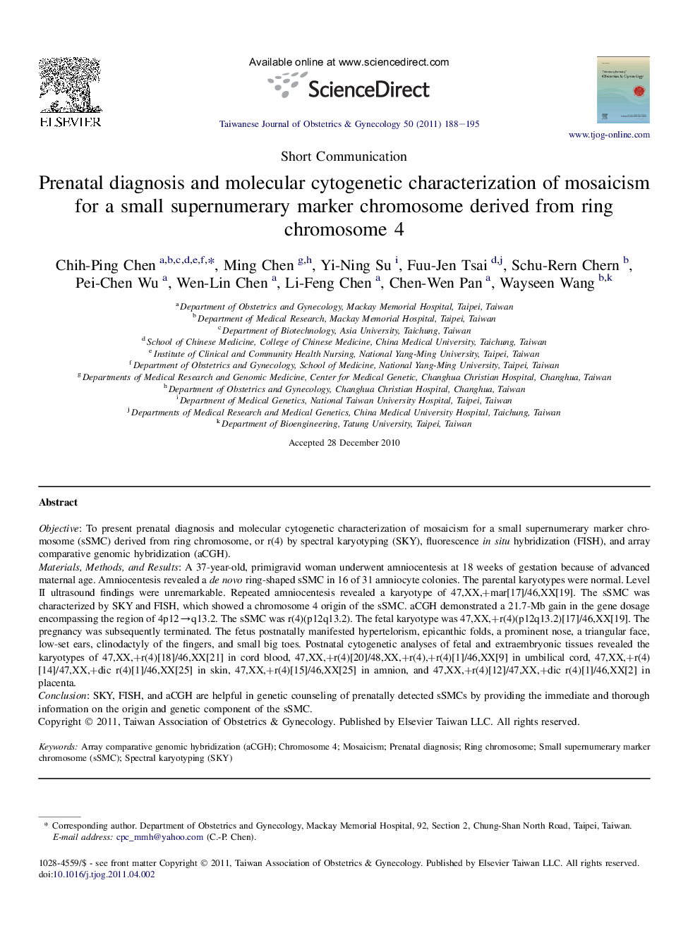 Prenatal diagnosis and molecular cytogenetic characterization of mosaicism for a small supernumerary marker chromosome derived from ring chromosome 4