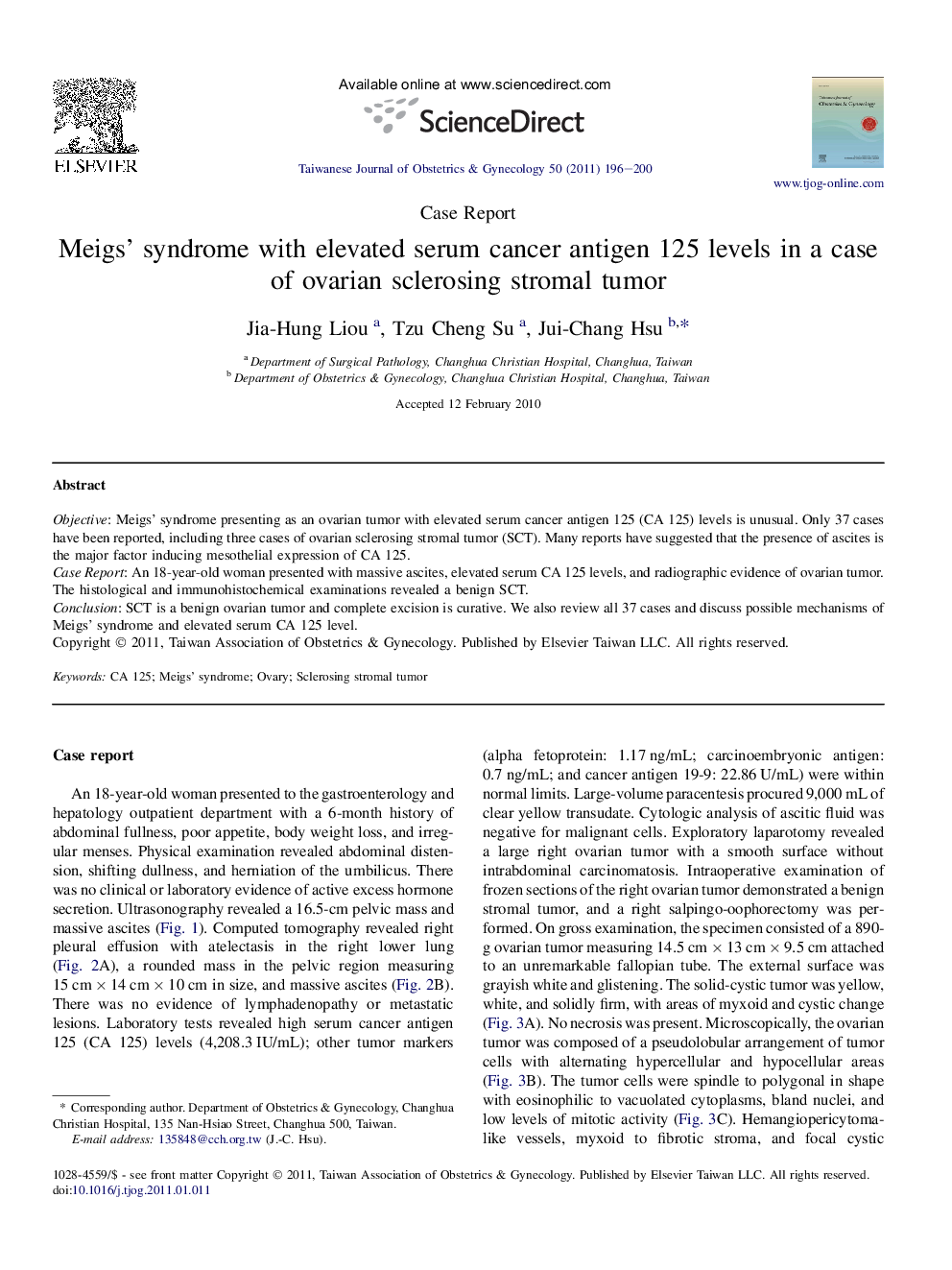 Meigs’ syndrome with elevated serum cancer antigen 125 levels in a case of ovarian sclerosing stromal tumor