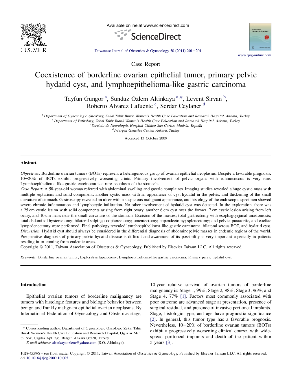 Coexistence of borderline ovarian epithelial tumor, primary pelvic hydatid cyst, and lymphoepithelioma-like gastric carcinoma