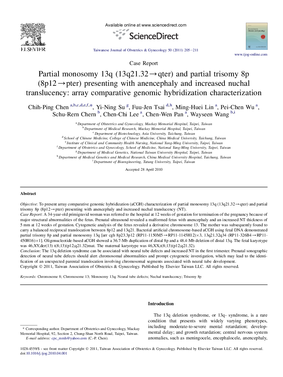 Partial monosomy 13q (13q21.32→qter) and partial trisomy 8p (8p12→pter) presenting with anencephaly and increased nuchal translucency: array comparative genomic hybridization characterization