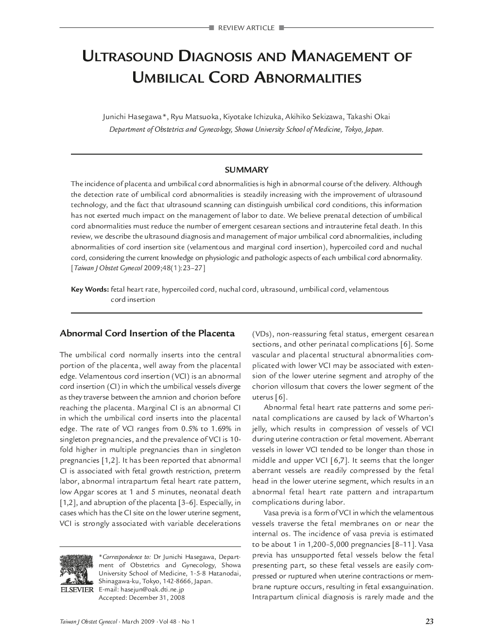 Ultrasound Diagnosis and Management of Umbilical Cord Abnormalities