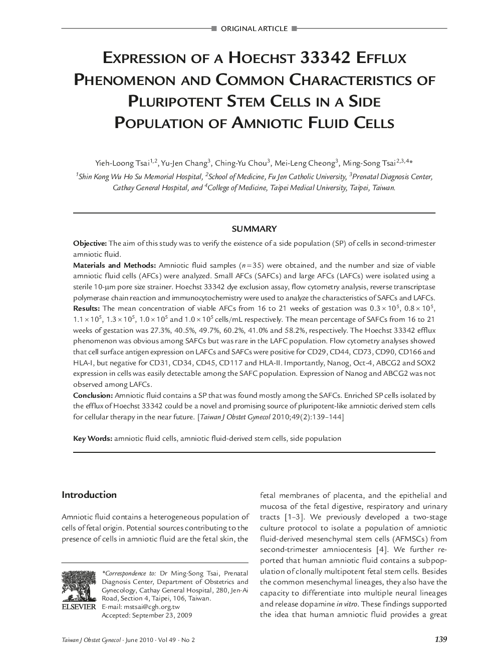 Expression of a Hoechst 33342 Efflux Phenomenon and Common Characteristics Of Pluripotent Stem Cells in a Side Population of Amniotic Fluid Cells