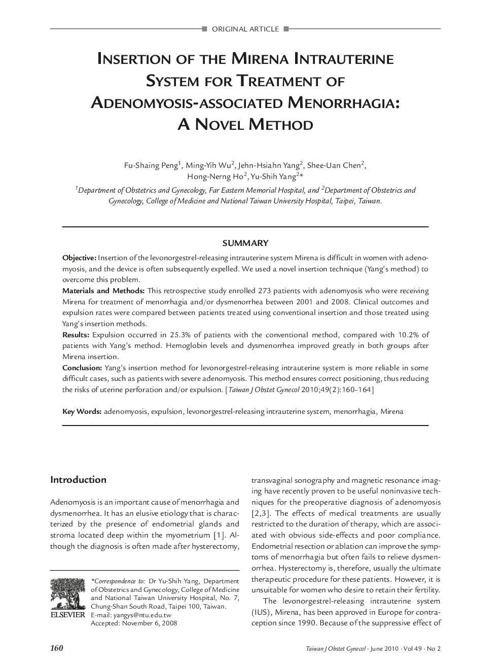 Insertion of the Mirena Intrauterine System for Treatment of Adenomyosis-Associated Menorrhagia: A Novel Method