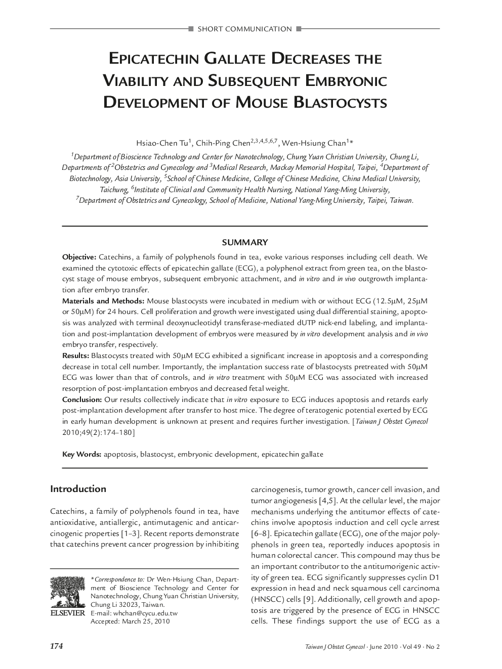 Epicatechin Gallate Decreases the Viability and Subsequent Embryonic Development of Mouse Blastocysts