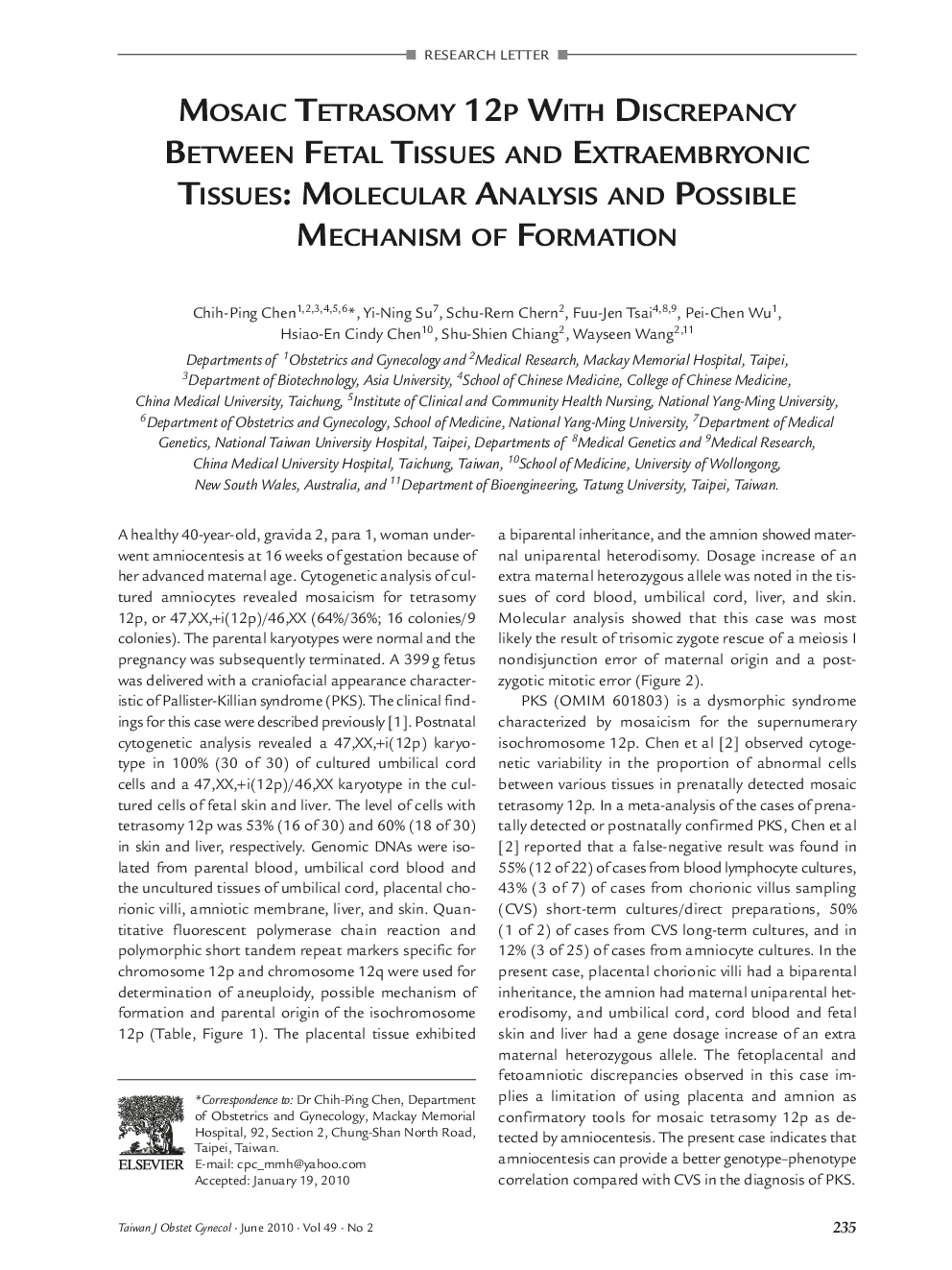 Mosaic Tetrasomy 12P With Discrepancy Between Fetal Tissues and Extraembryonic Tissues: Molecular Analysis and Possible Mechanism of Formation