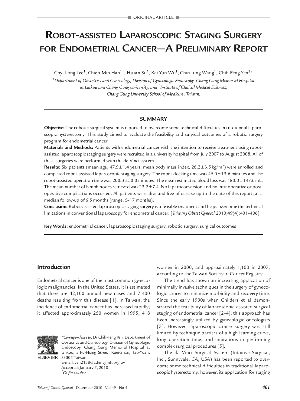 Robot-assisted Laparoscopic Staging Surgery for Endometrial Cancer—A Preliminary Report