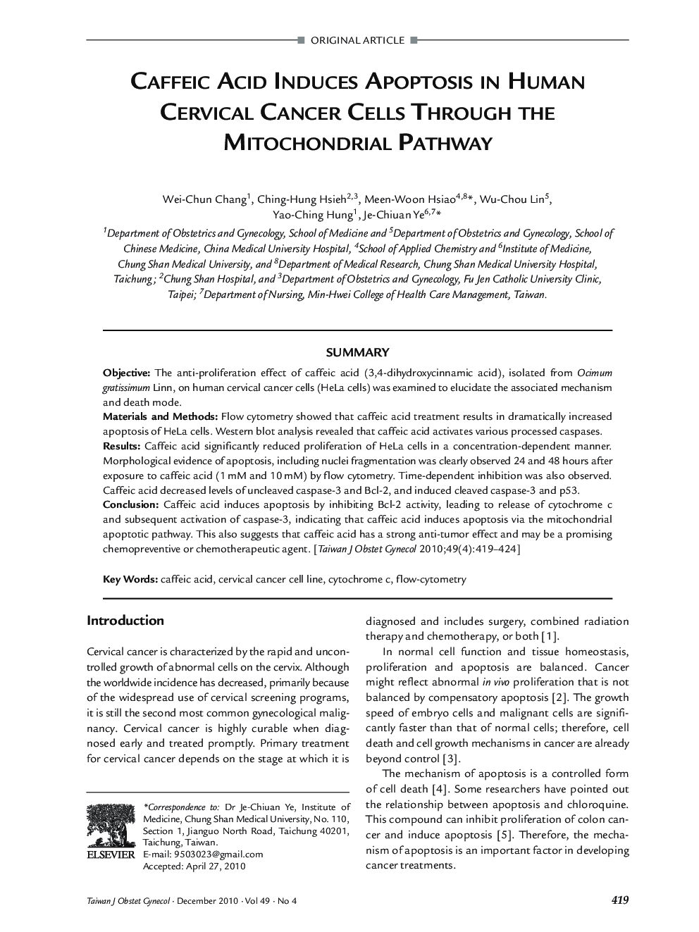 Caffeic Acid Induces Apoptosis in Human Cervical Cancer Cells Through the Mitochondrial Pathway