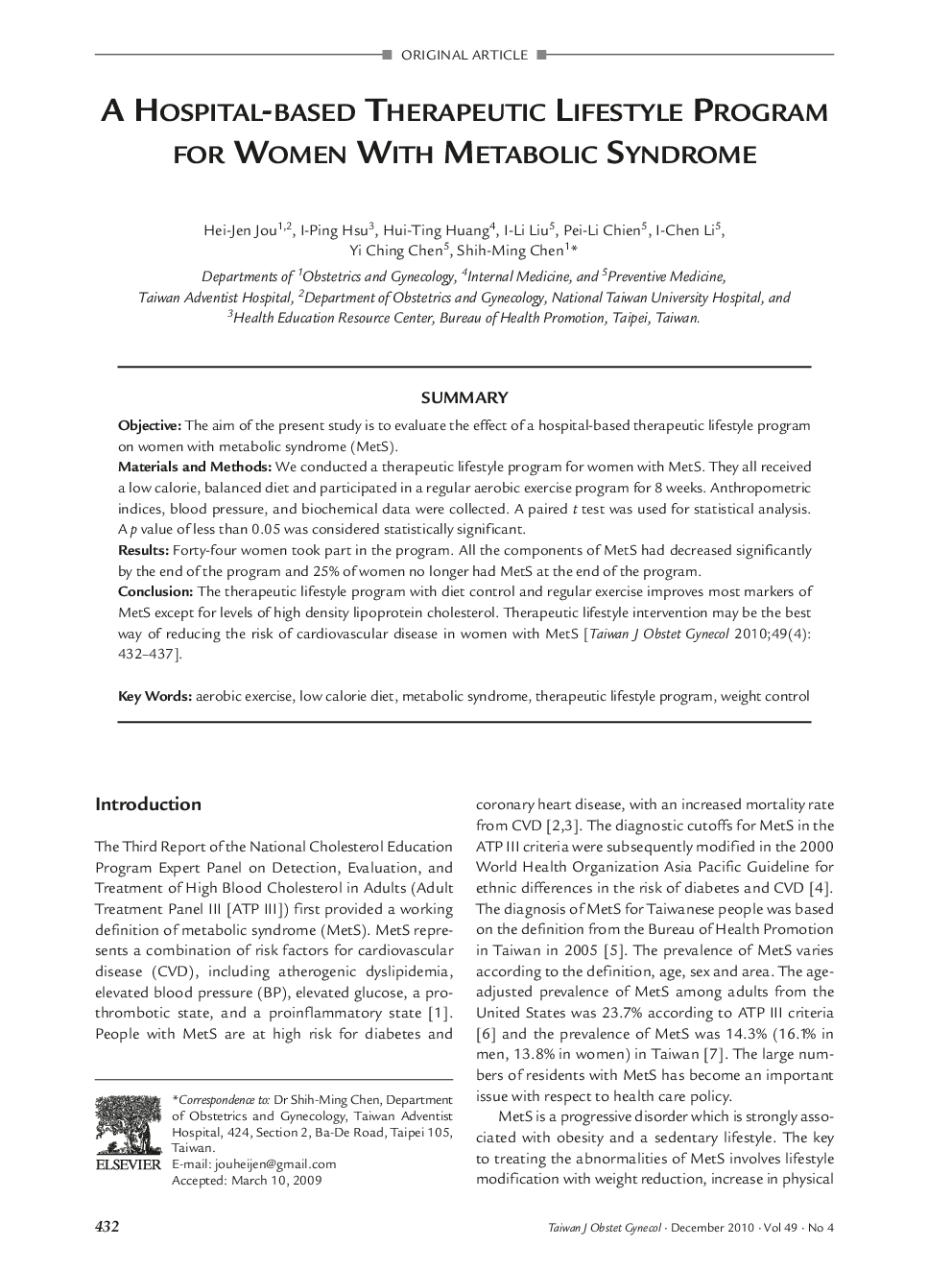 A Hospital-Based Therapeutic Lifestyle Program for Women With Metabolic Syndrome