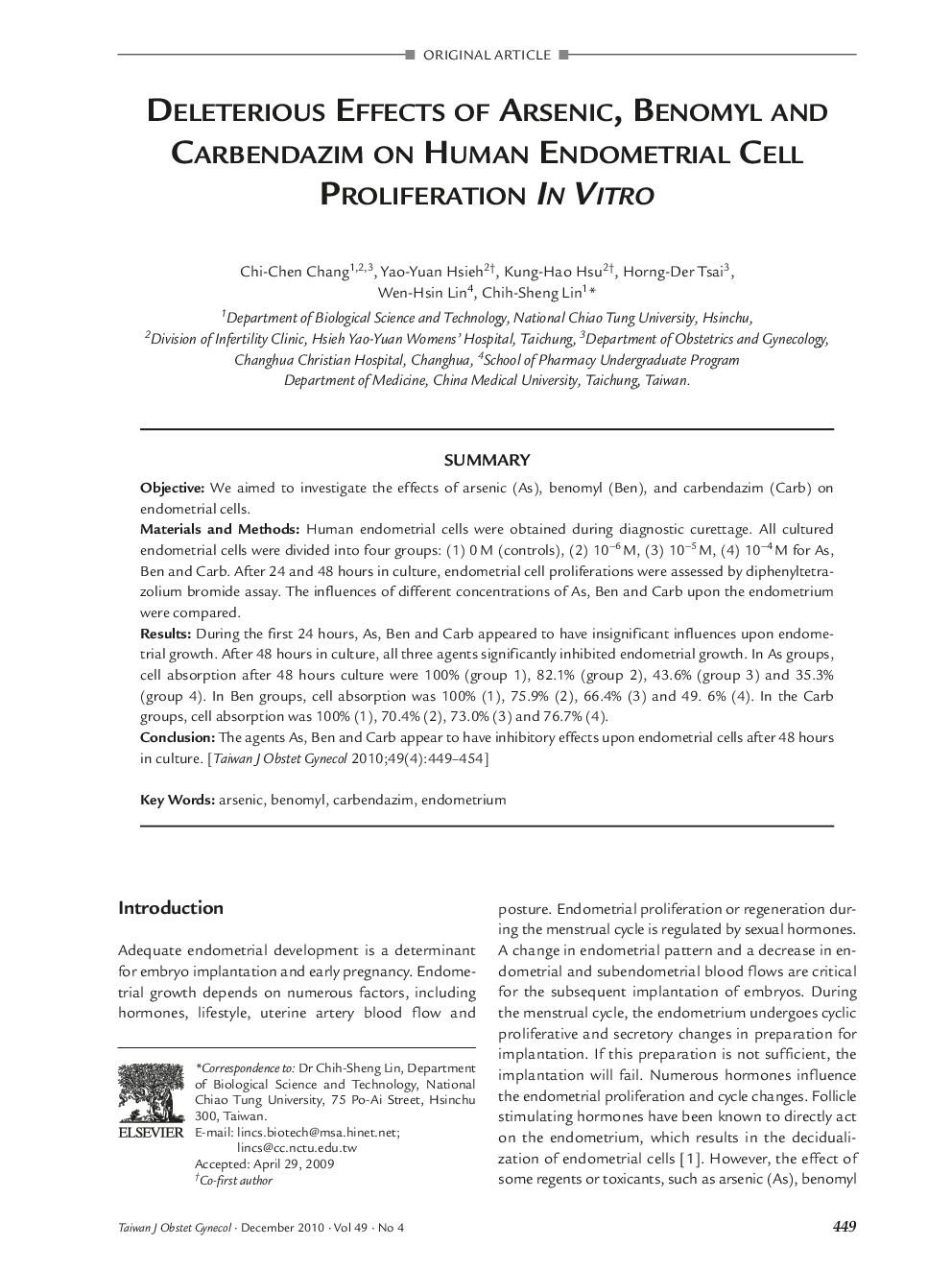 Deleterious Effects of Arsenic, Benomyl and Carbendazim on Human Endometrial Cell Proliferation In Vitro