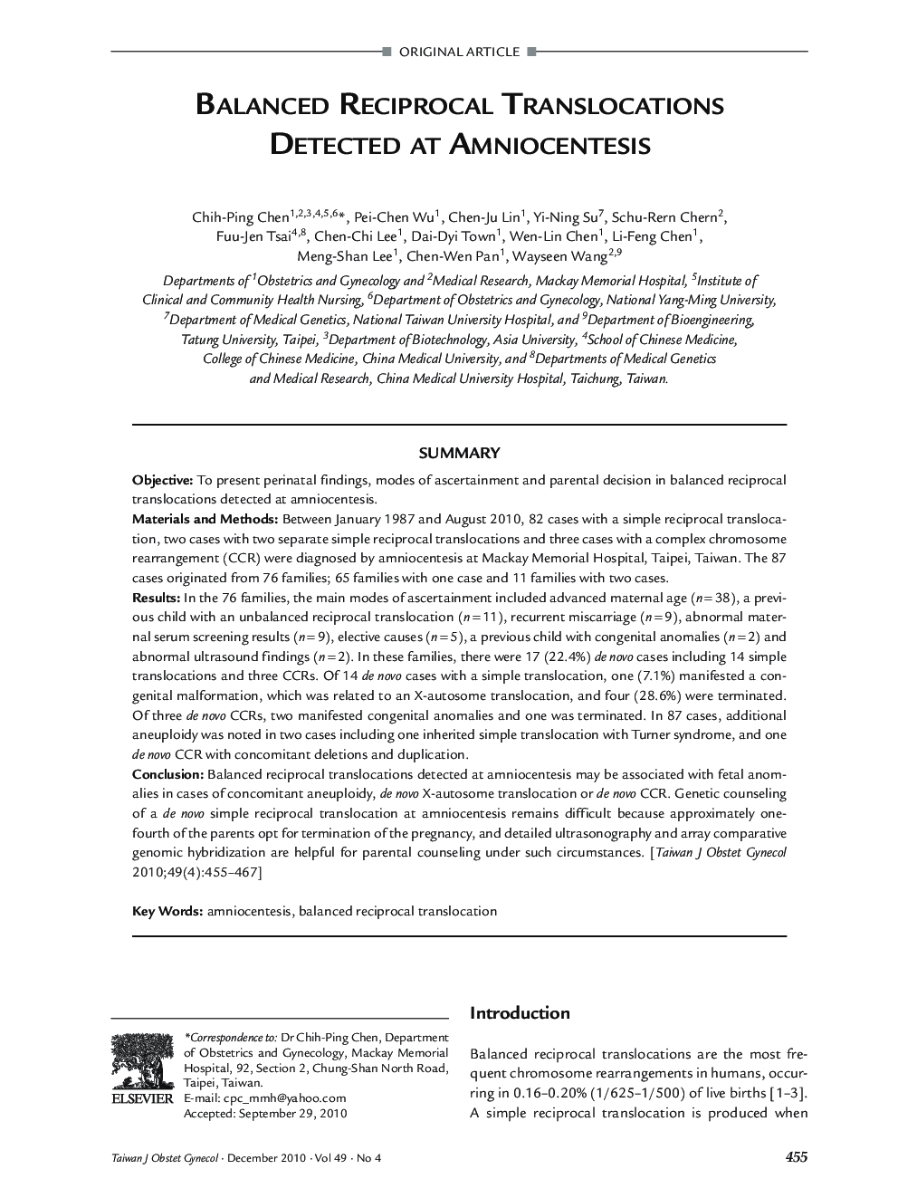 Balanced Reciprocal Translocations Detected at Amniocentesis